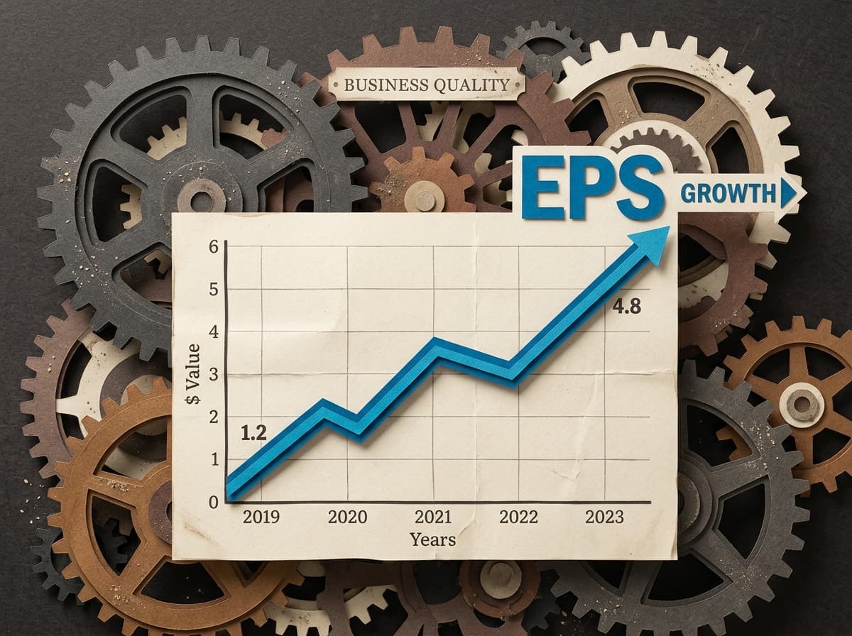 An infographic showing earnings per share rising from 10 to 12 rupees while total net profit stays flat, because a share buyback cut the share count; alongside it, other drivers listed are one-off gains, accounting changes, and a lower tax charge, none of which reflect a stronger underlying business.