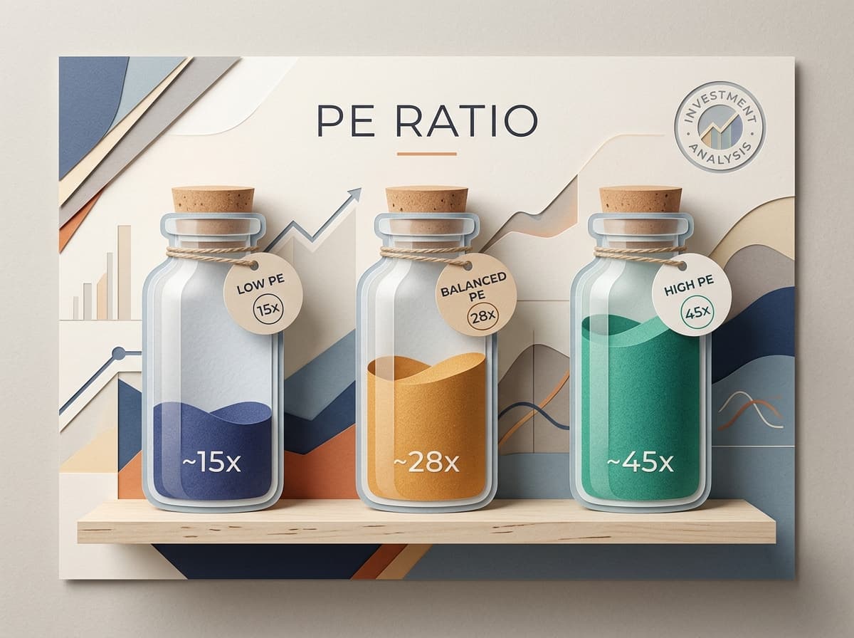 An infographic showing how one share price divided by four different earnings figures produces four different PE ratios: trailing PE using the last four reported quarters, forward PE using analyst forecasts, consolidated PE using group earnings including subsidiaries, and standalone PE using only the parent company, illustrating that the disagreement comes entirely from the earnings denominator.